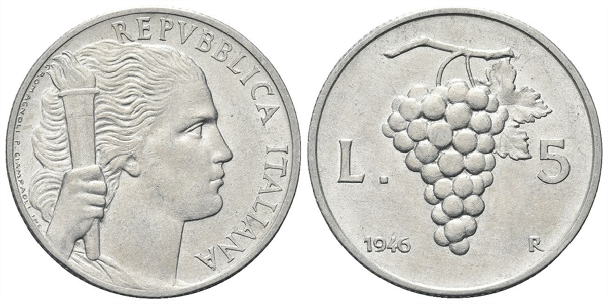 ROMA Repubblica Italiana, dal 1946. 5 Lire 1946.
