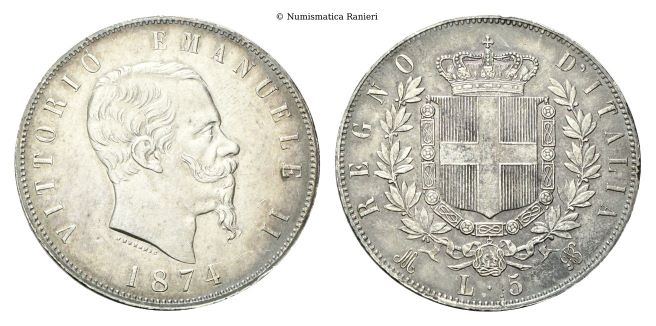5 Lire 1874 Milano.