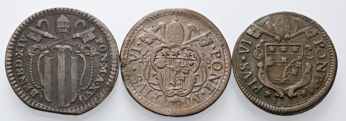 Lotto di 3 Quattrini papali ( Benedetto XIV e Pio VI) 1755-1778-1779.