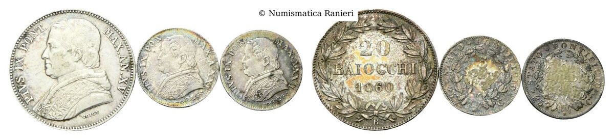 Lotto di 3 monete: n. 1 da 20 Baiocchi 1860 e n. 2 da 5 Soldi.