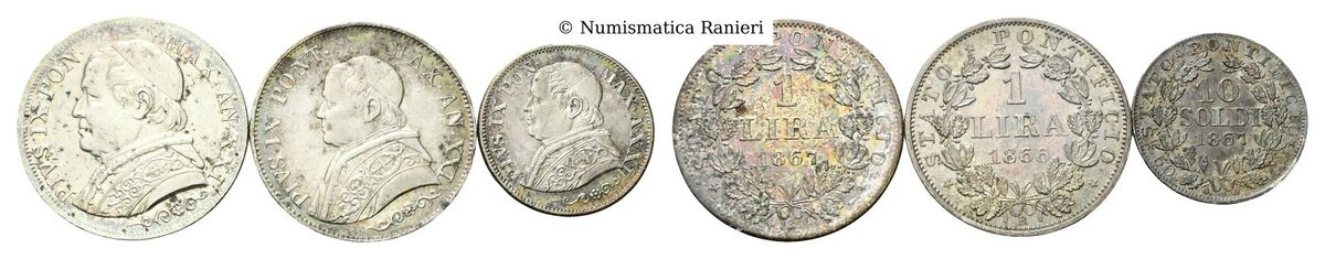 Lotto di 3 monete: n. 2 da 1 Lira 1866 e 1867 e un 10 Soldi 1867.