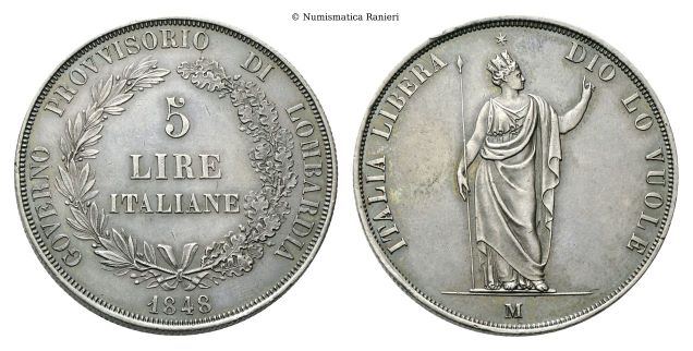 5 Lire 1848 rami corti, base sottile e stella lontana.