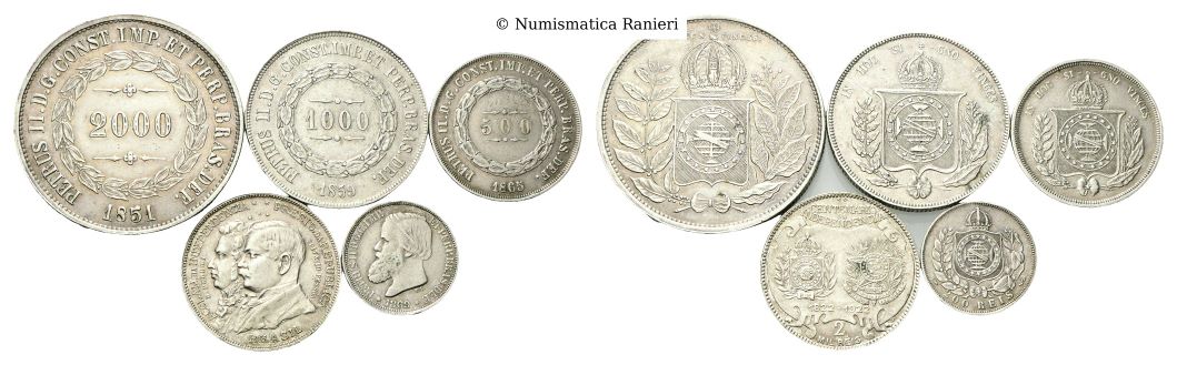 Lotto di 5 monete in argento: 2000, 1000, 500 e 1 Reis Pietro II varie annate (1851-1859, 1865,1869) e 2 Mil 1922.