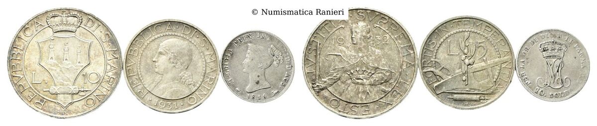 Lotto 3 monete in argento: 10 Lire 1932, 5 Lire 1931 (San Marino) e 10 Soldi 1815 (Parma).