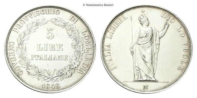5 Lire 1848 rami corti, base spessa e stella lontana.