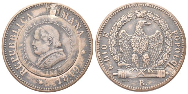 3 Baiocchi 1849 modificato a porta messaggi con moneta da 2 Soldi di Pio IX.