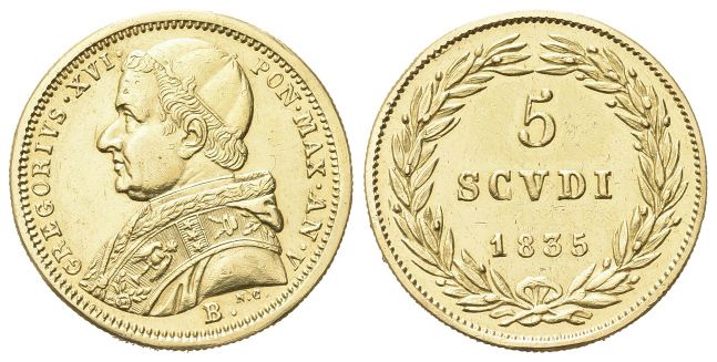5 Scudi 1835 a. V, I Tipo.