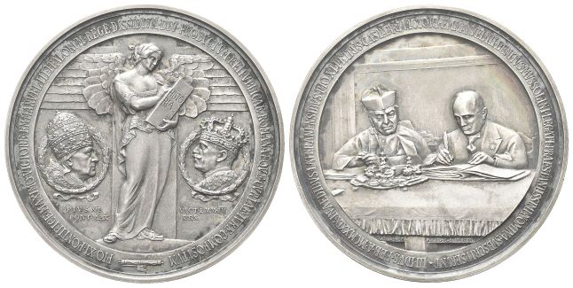 Medaglie 1929 opus Attilio Silvio Motti per i Patti Lateranensi, in Ar riconio successivo e in AE originale.