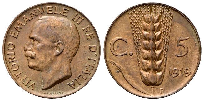 5 Centesimi 1919 Roma, Spiga.