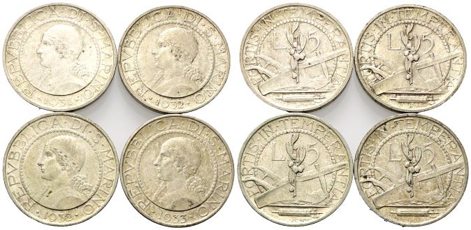 Lotto di n. 4 - 5 Lire anni 1931, 1932 (2), 1933.