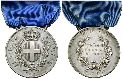 Medaglia al valore militare campagna Dosso Faiti 19 agosto 1917 opus G. Ferraris Con Regio Decreto alla memoria del sottotenente Rotondo Alfredo morto per la patria, in data 19 gennaio 1918.