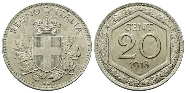 20 Centesimi 1918 Rigato Roma, Esagono.