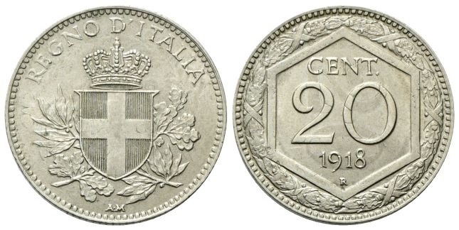 20 Centesimi 1918 Rigato Roma, Esagono.