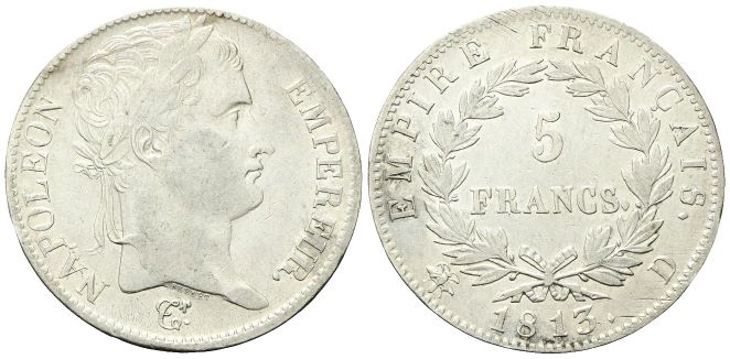 5 Franchi 1813 D, zecca di Lione.