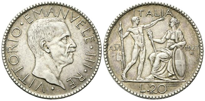 20 Lire 1927 a. VI Roma, Littore.