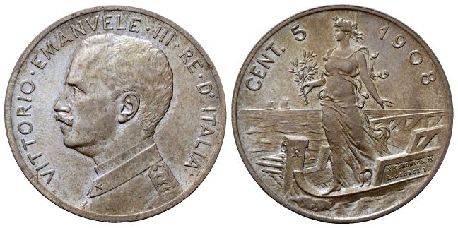5 Centesimi 1908 Roma, Italia su prora.