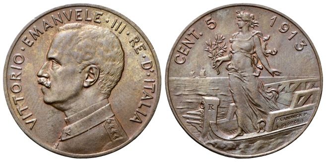 5 Centesimi 1913 Roma, Italia su prora.
