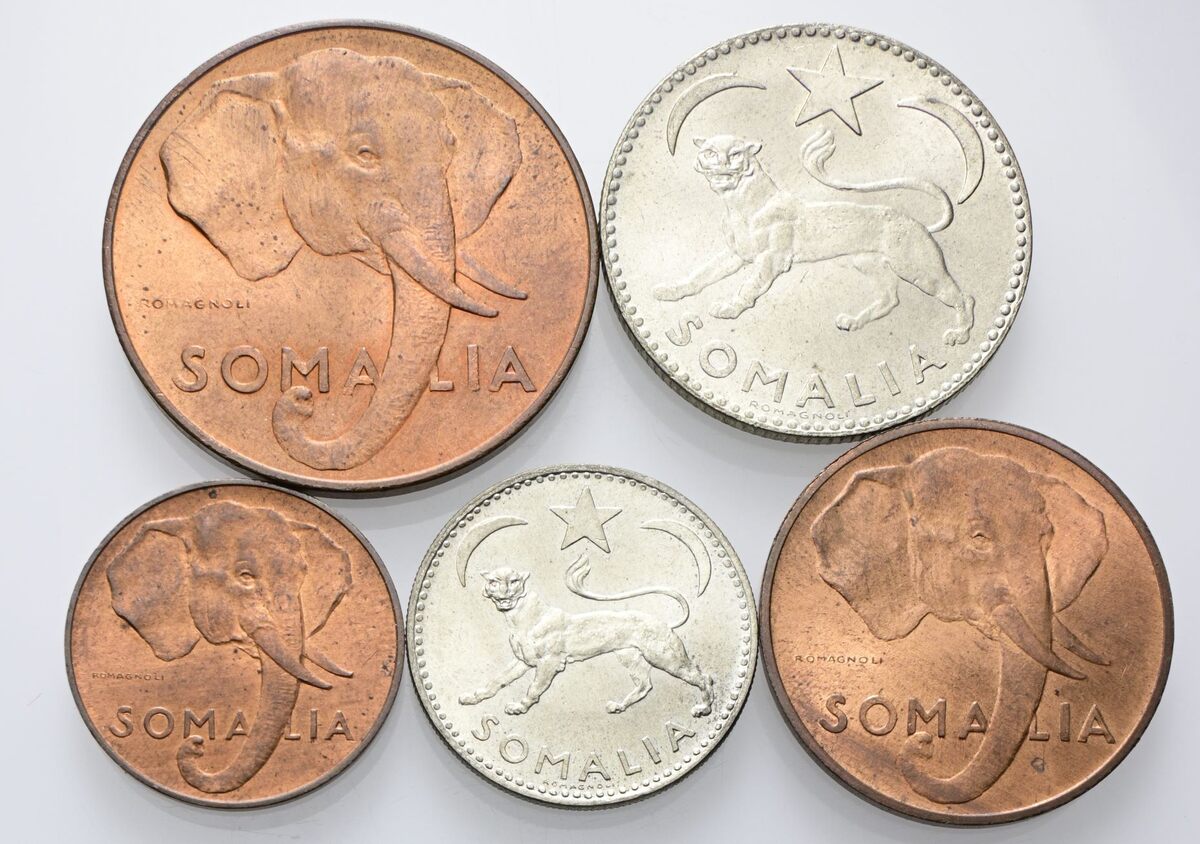Serie 1950 composta dai 5 valori: 1 Somalo, 50 Centesimi, 10, 5 e 1 Centesimo.