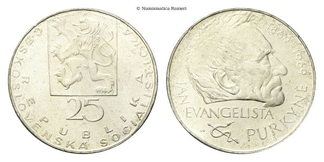 25 Korun 1969 commemorativo del centenario della morte di J. E. Purkyn.