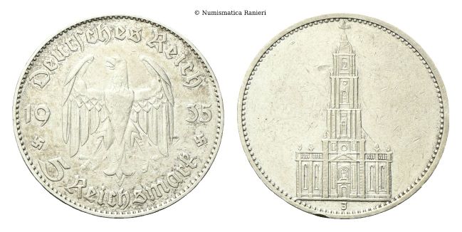 5 Reichsmark 1935 J (sul bordo: GEMEINNUTZ GEHT VOR EIGENNUTZ).
