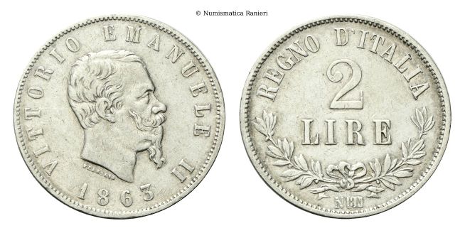 2 Lire 1863 Napoli, II° Tipo.