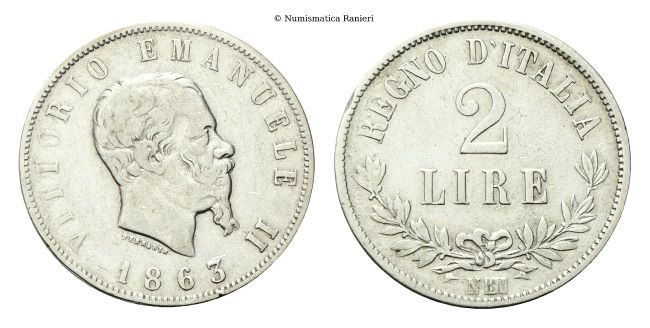 2 Lire 1863 Torino, II° Tipo.