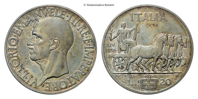 20 Lire 1936 PROVA a. XIV Roma, Quadriga Impero.