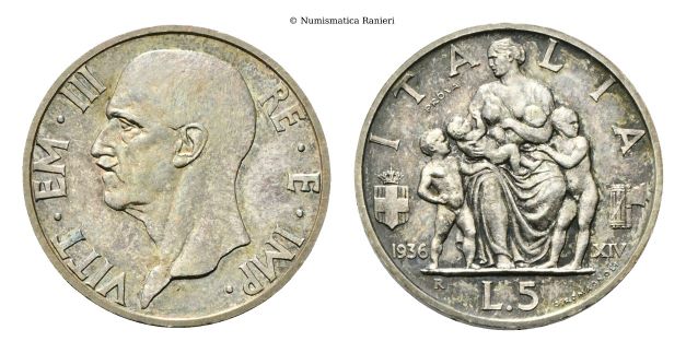 5 Lire 1936 PROVA a. XIV Roma, Fecondità.