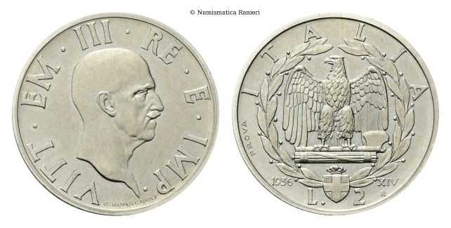 2 Lire 1936 PROVA a. XIV Roma, Impero.