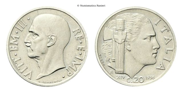 20 Centesimi 1936 PROVA a. XIV Roma, Impero.