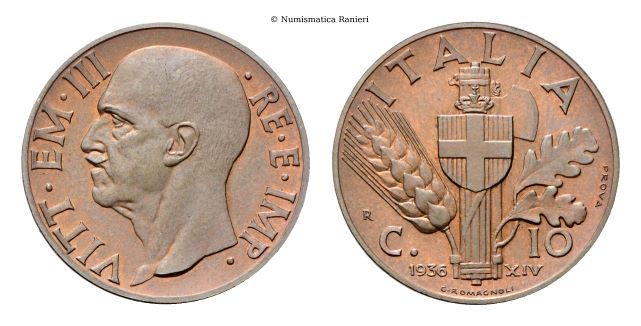 10 Centesimi 1936 PROVA a. XIV Roma, Impero, I tipo.