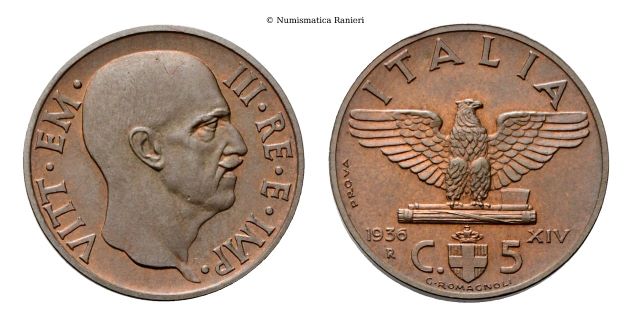 5 Centesimi 1936 PROVA a. XIV Roma, Impero.