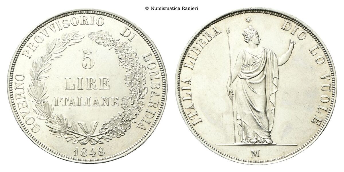 5 Lire 1848 rami corti, base sottile e stella lontana.