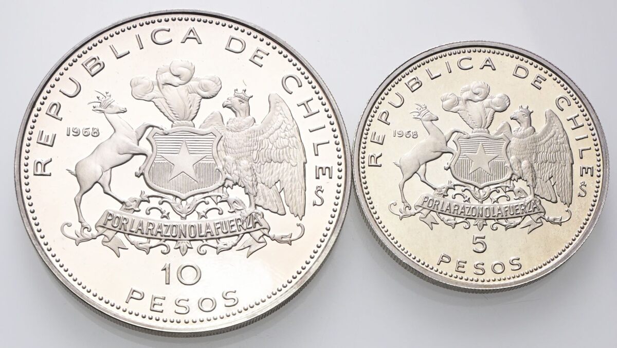 10 e 5 Pesos 1968, Flotta di Lord Cochrane e 150mo Anniversario dell’Accademia Navale. 