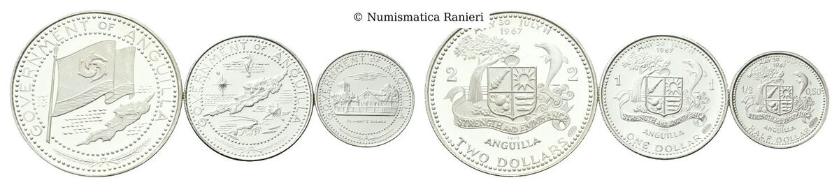 Lotto di tre monete da 2 Dollari, 1 Dollaro e 1/2 Dollaro 1970.