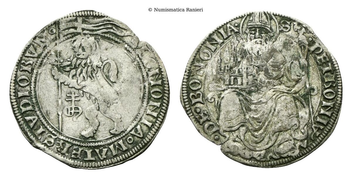 Grossone con marca epigrafica GBF,  zecchiere Giovanni Battista Federici, attivo a Bologna dal 1464 al 1472.                                    