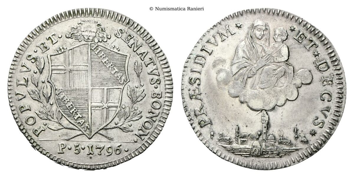 Scudo da 5 Paoli 1796 (contorno foglia in rilievo)  – Incisore dei coni Petronio Tadolini 