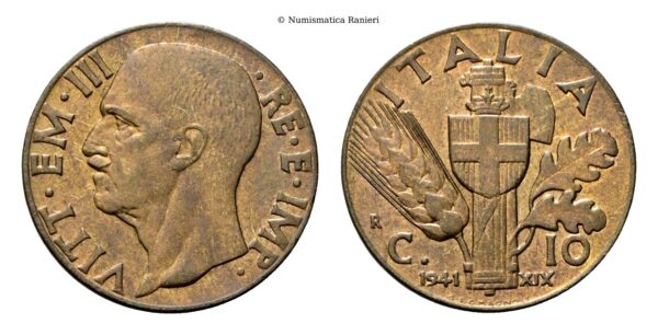 10 Centesimi 1941 a. XIX Roma, Impero, II Tipo.