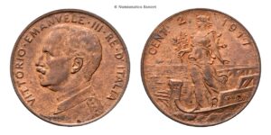 2 Centesimi 1917 Roma, Italia su prora.