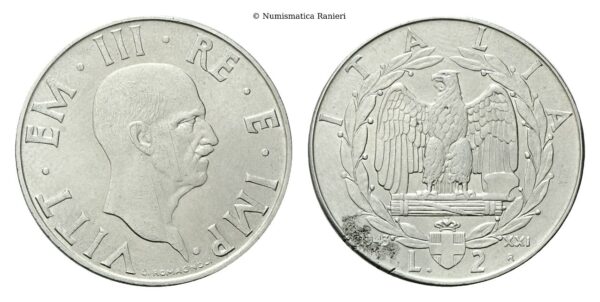 2 Lire 1943 a. XXI Roma, Impero.
