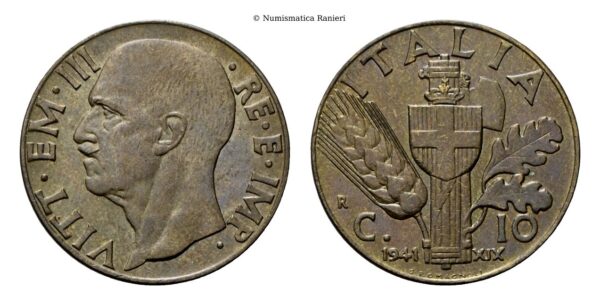 10 Centesimi 1941 a. XIX Roma, Impero, II Tipo.