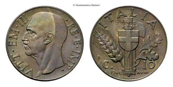 10 Centesimi 1940 a. XVIII Roma, Impero, II Tipo.