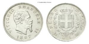 Lira 1867 Milano, I° Tipo.