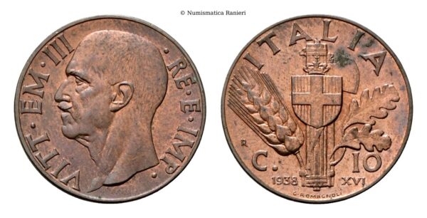 10 Centesimi 1938 a. XVI Roma, Impero, I Tipo.