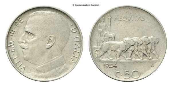 50 Centesimi 1924 Roma, Leoni, bordo rigato.