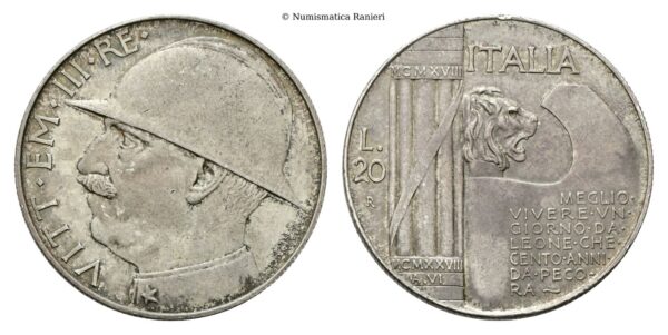 20 Lire 1928 a. VI Roma, Elmetto.
