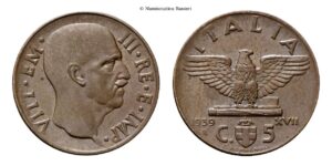 5 Centesimi 1939 a. XVII Roma, Impero. II° tipo Bronzital.