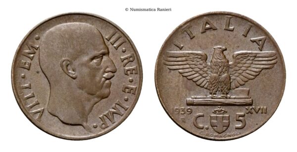5 Centesimi 1939 a. XVII Roma, Impero. II° tipo Bronzital.