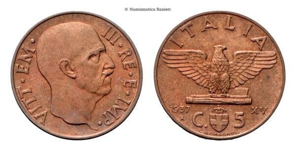 5 Centesimi 1937 a. XV Roma, Impero, I Tipo.