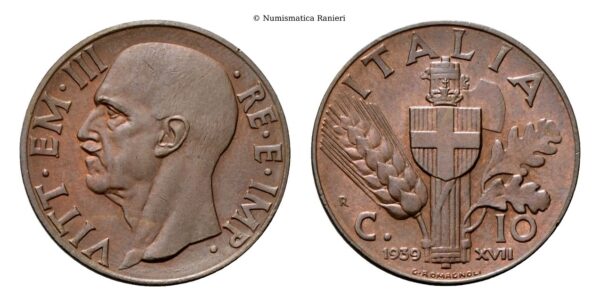 10 Centesimi 1939 a. XVII Roma, Impero, I Tipo.